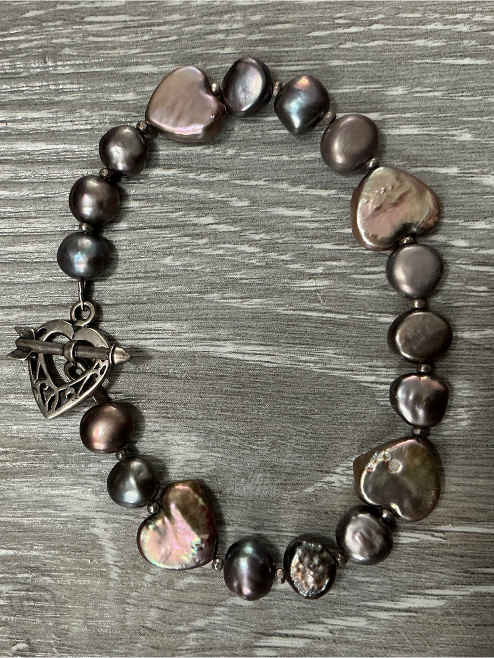 925 Heart and Arrow Clasp Iridescent Pearl Beads Bracelet